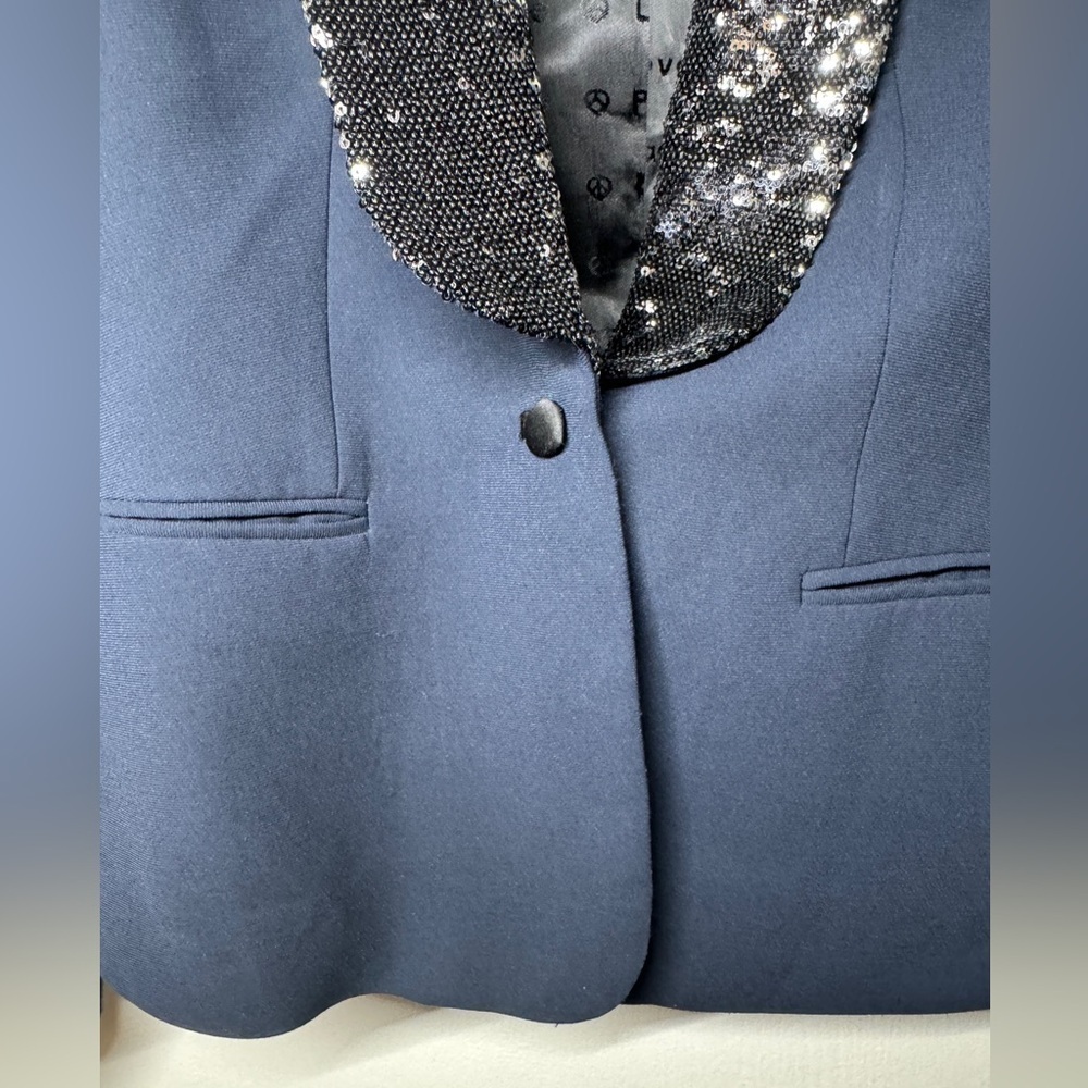 Maison Scotch Navy Blue Black Sequin Single Button Closure Tuxedo Blazer Size 1 - Picture 8 of 16